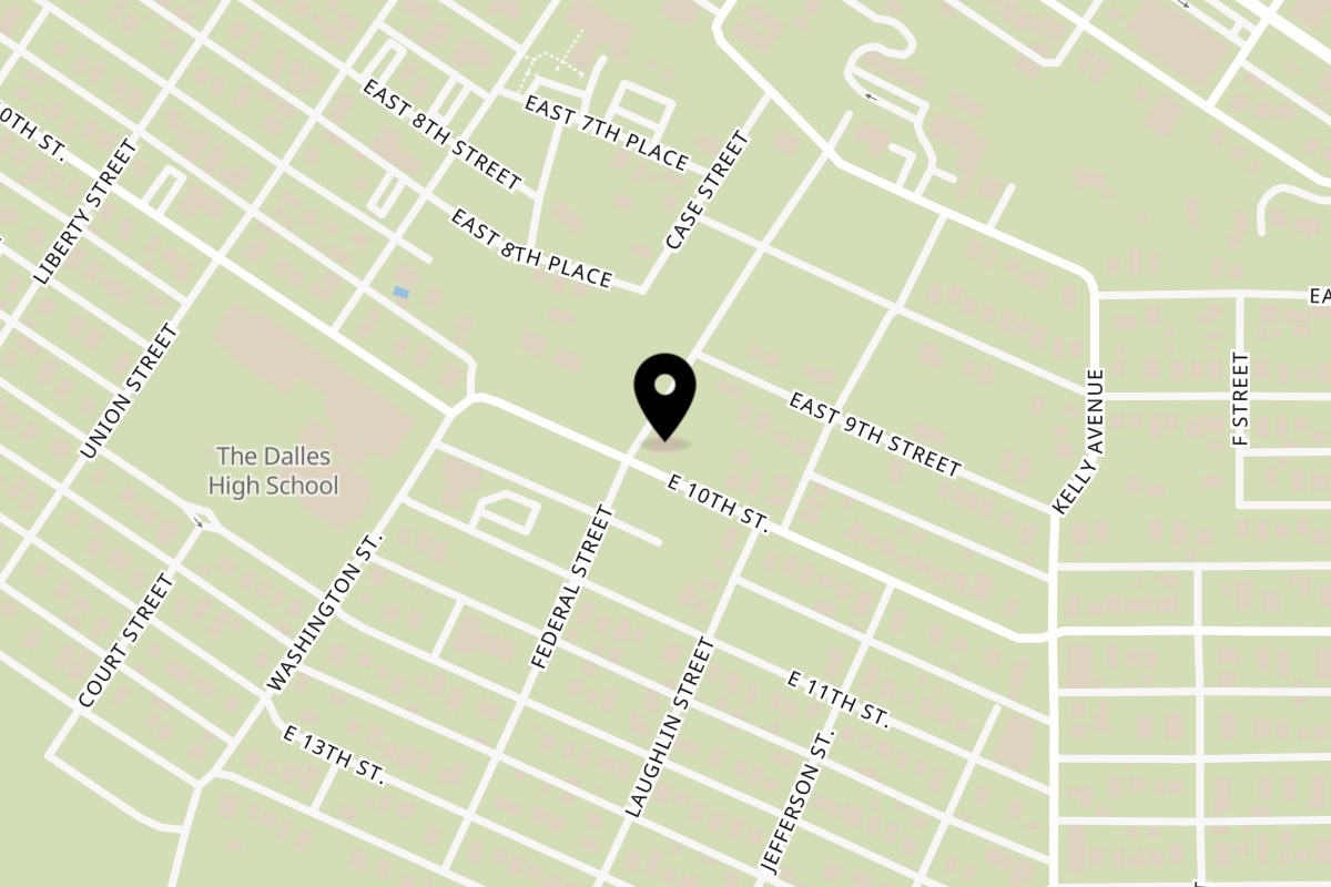 Map showing the location of The Riv Cafe on 401 E 10th St in The Dalles